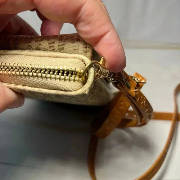 MKF Collection Phone Wallet Crossbody Bag Tan “M” Logo Faux Leather EUC - Picture 14 of 16